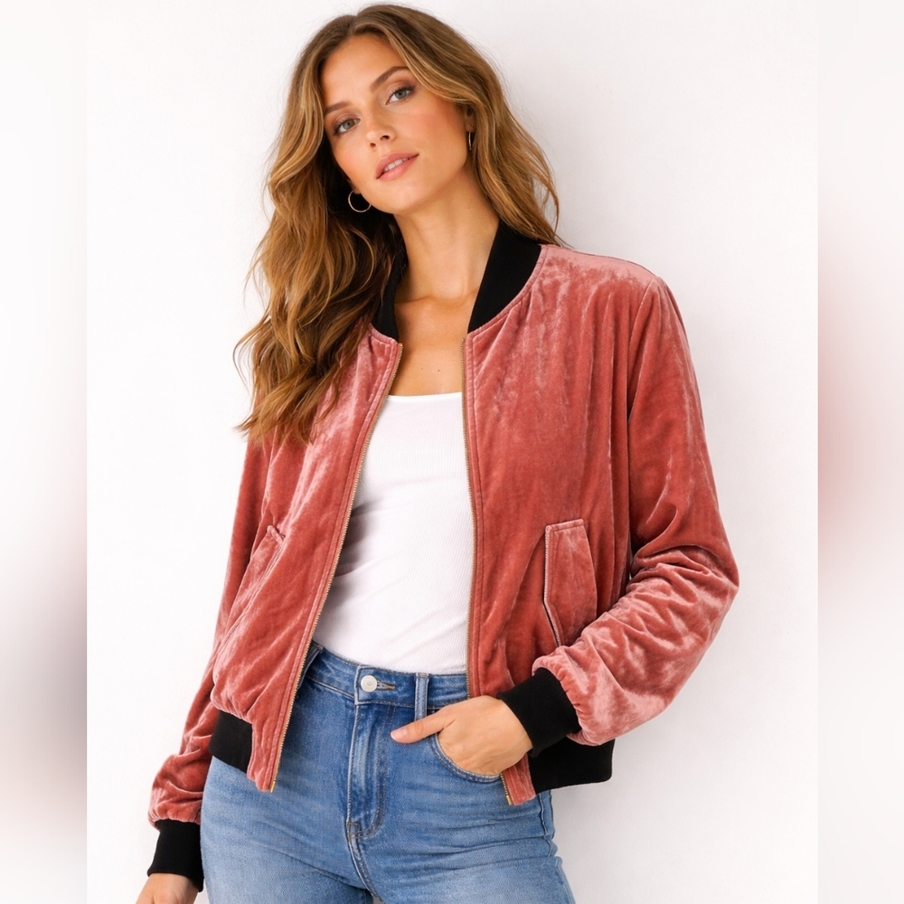 Love Tree Velvet Bomber Jacket in Dusty Rose with Black Trim